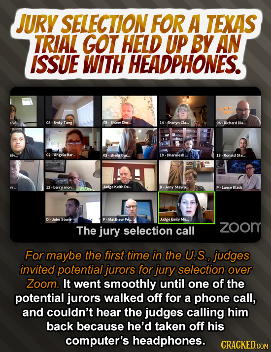 JURY SELECTION FOR A TEXAS TRIAL GOT HELD UP BY AN ISSUE WITH HEADPHONES. OR Emly Tang 09. Shsne Dier 14 14-Sharyn cla. 06. RchardDia ho 02 -Angela Ba