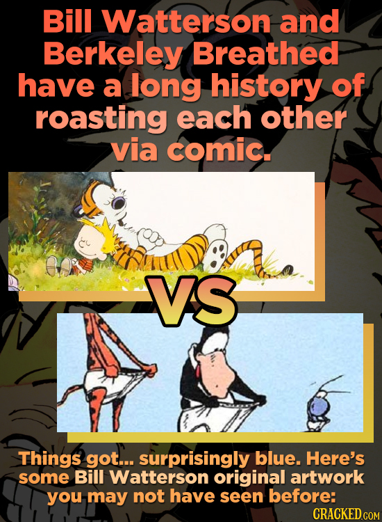 Bill Watterson and Berkeley Breathed have a long history of roasting each other via comic. VS Things got... surprisingly blue. Here's some Bill Watter