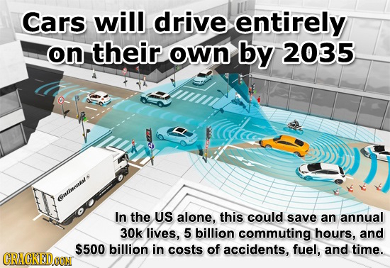 Cars will drive entirely on their own by 2035 ouumenene In the US alone, this could save an annual 30k lives, 5 billion commuting hours, and $500 bill