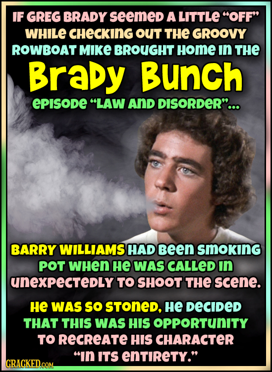IF GREG BRADY seemed A LITTLE OFF WHILE CHECKING OUT THE GROOVY ROWBOAT MIKE BROUGHT Home In THE Brady Bunch EPISODE LAW And DISORDER... BARRY WIL
