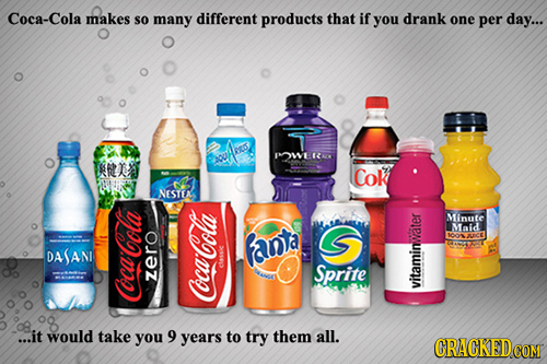 Coca-Cola makes sO many different products that if you drank one per day... DCo POWEINM An Cok MIutE Maid anta OOICE DASANI os S 00 Sprite casic zero