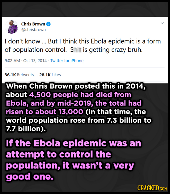 Chris Brown @chrisbrown I don't know ... But I think this Ebola epidemic is a form of population control. S is getting crazy bruh. 9:02 AM . Oct 13, 2