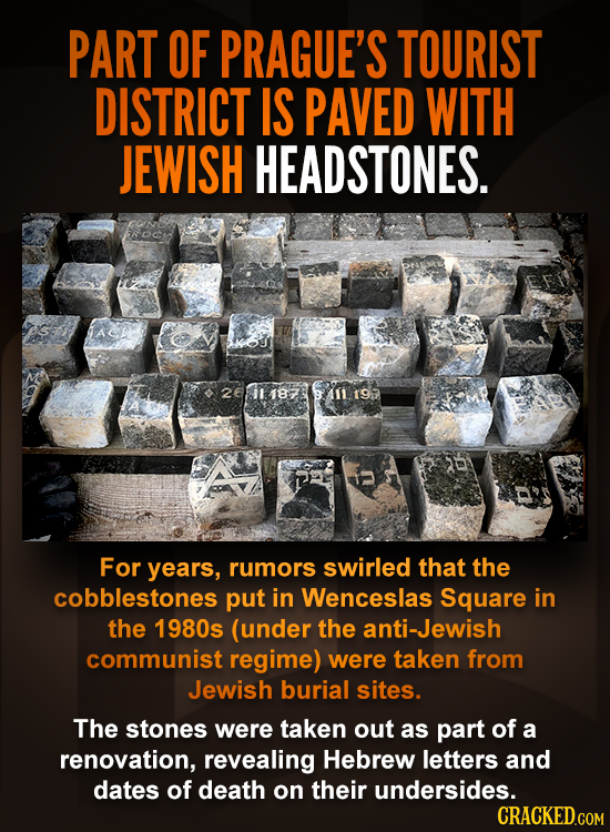 PART OF PRAGUE'S TOURIST DISTRICT IS PAVED WITH JEWISH HEADSTONES. 220118739/11119 For years, rumors swirled that the cobblestones put in Wenceslas Sq