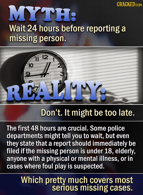 TH: CRACKEDGO Wait 24 hours before reporting a missing person. 12 Il 10 2 3 REALIMM' Don't. It might be too late. The first 48 hours are crucial. Some