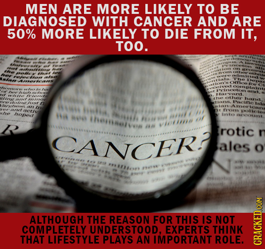 MEN ARE MORE LIKELY TO BE DIAGNOSED WITH CANCER AND ARE 50% MORE LIKELY TO DIE FROM IT, TOO. 1 1 64 1 eet fso IRO 4 an 44S wati acty 1 hoped A 6111 in