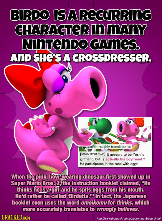 BIRDO IS BARECURRING CHARAGTERO In manY NInTENDO GAMES. AND SHE'S A CROSSDRESSER. yvhich roughly translates to: [(MEDUM WEIGHT class It appears to be