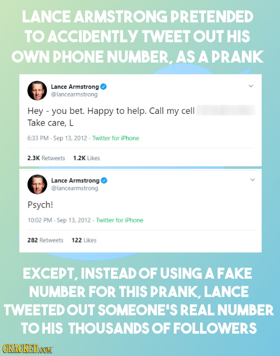 LANCE ARMSTRONG PRETENDED TO ACCIDENTLY TWEET OUT HIS OWN PHONE NUMBER, AS A PRANK Lance Armstrong @lancearmstrong Hey you bet. Happy to help. Call my