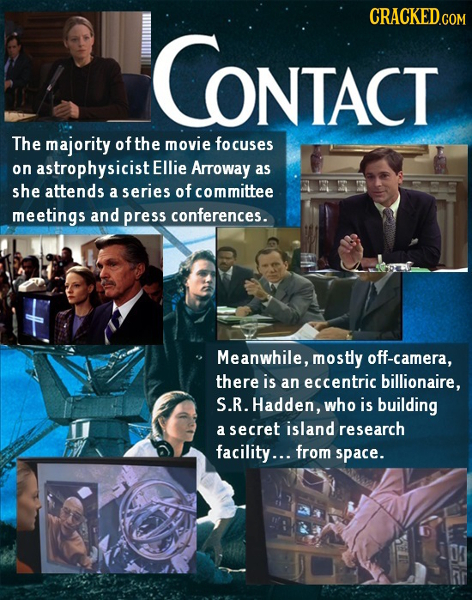 CONTACT The majority of the movie cuses on astrophysicist Ellie Arroway as she attends a series of committee meetings and press conferences. Meanwhile