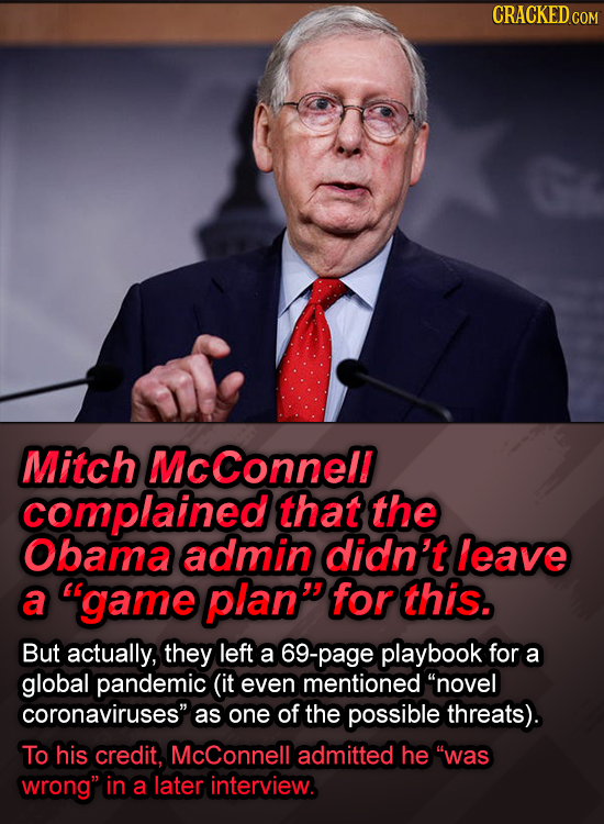 CRACKED COM Mitch McConnell complained that the Obama admin didn't leave a game plan for this. But actually, they left a 9-page playbook for a globa