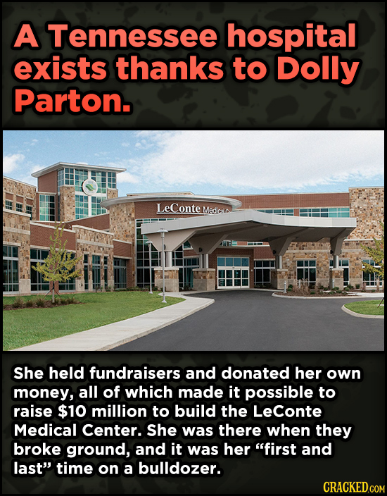 16 Badass, Little-Known Dolly Parton Stories - A Tennessee hospital exists thanks to Dolly Parton. LeConte Medica She held