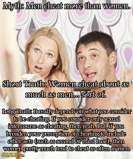 Myth: Men cheat more than women. Short Truth: Women cheat about as much as men... sort of. Long Truth It really depends on what you consider to be che