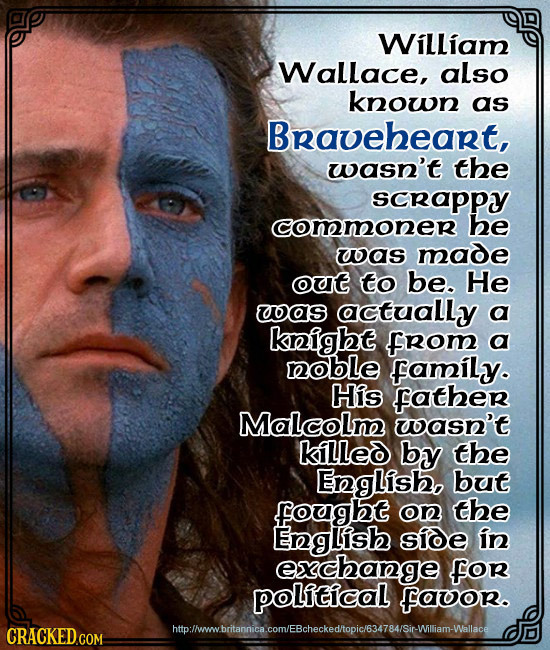 William Wallace, also known as Braveheart, wasn't the scrappy commoner he uas made out to be. He as actually a keight from a hoble family. His Father
