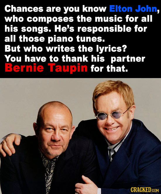 Chances are you know EIton John, who composes the music for all his sONgS. He's responsible for all those piano tunes. But who writes the lyrics? You