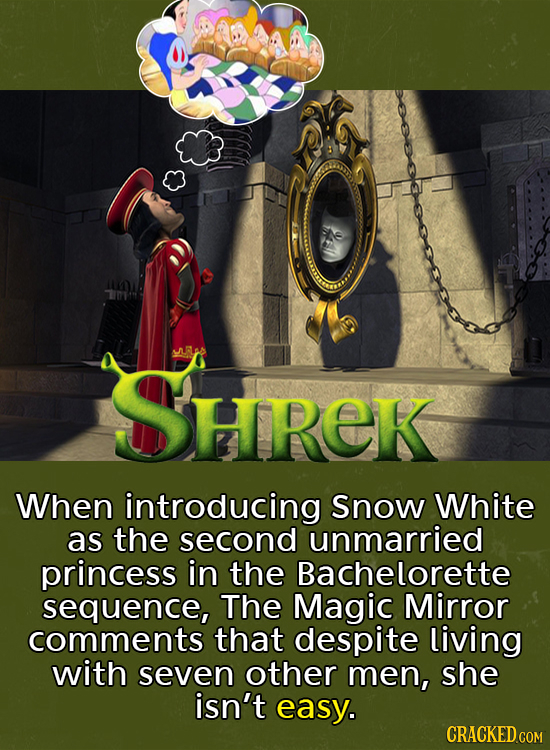 HReK When introducing Snow White as the second unmarried princess in the Bachelorette sequence, The Magic Mirror comments that despite living with sev