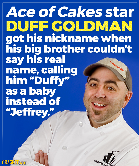 Ace of Cakes star DUFF GOLDMAN got his nickname when his big brother couldn't say his real name, calling him Duffy as a baby instead of Jeffrey. C