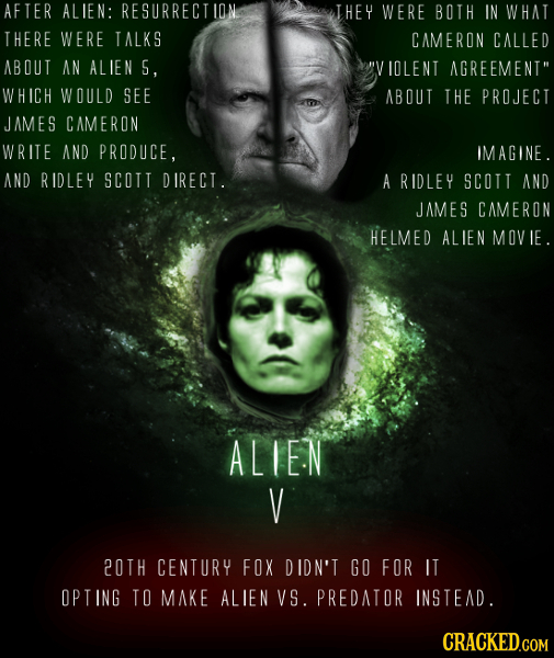AFTER ALIEN: RESURRECT THEY WERE BOTH IN WHAT THERE WERE TALKS CAMERON CALLED ABOUT AN ALIEN S, IOLENT AGREEMENT WHICH WOULD SEE ABOUT THE PROJECT JA