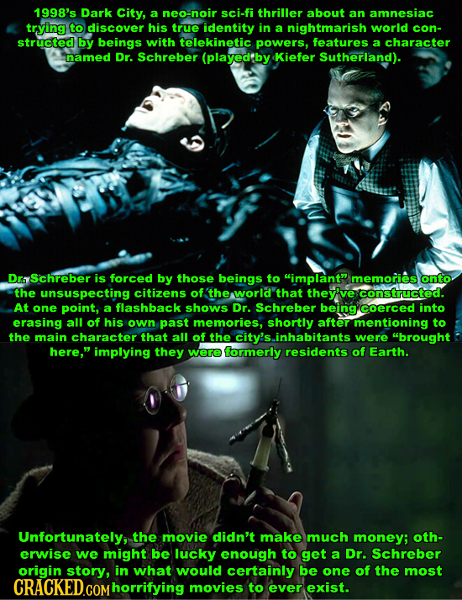 1998's Dark City, sci-fi a neo-noir thriller about an amnesiac trying to discover his true identity in a nightmarish worid con- structed by beings wit