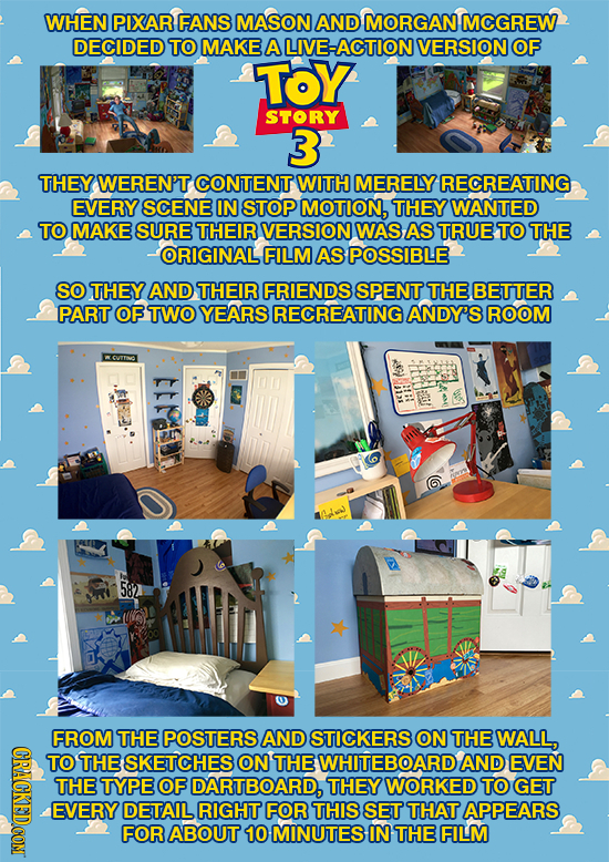 WHEN PIXAR FANS MASON AND MORGAN MCGREW DECIDED TO MAKE A VE-ACTION VERSION OF TOY STORY 3 THEY WEREN'T CONTENT WITH MERELY RECREATING EVERY SCENE IN