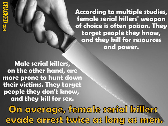 CRACKED.COM According to multiple studies, female serial killers' weapon of choice is often poison. They target people they know, and they kill for re