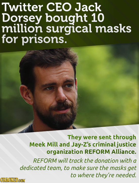 Twitter CEO Jack Dorsey bought 10 million surgical masks for prisons. They were sent through Meek Mill and Jay-Z's criminal justice organization REFOR