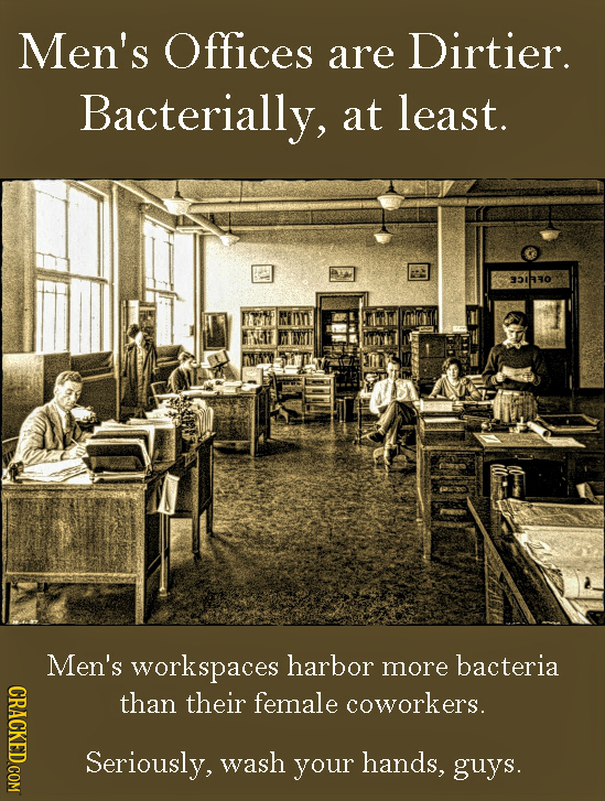 Men's Offices are Dirtier. Bacterially, at least. 35130 Men's workspaces harbor more bacteria than their female coworkers. Seriously, wash your hands,