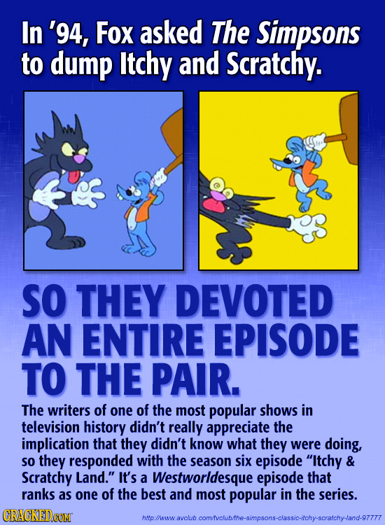In '94, Fox asked The Simpsons to dump Itchy and Scratchy. SO THEY DEVOTED AN ENTIRE EPISODE TO THE PAIR. The writers of one of the most popular shows