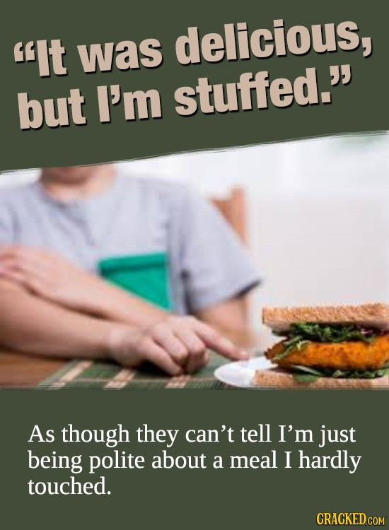 It delicious, was but I'm stuffed. As though they can't tell I'm just being polite about a meal I hardly touched.