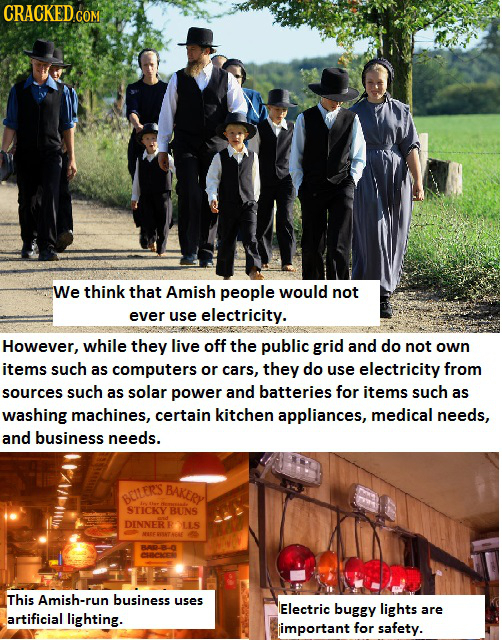 We think that Amish people would not ever use electricity. However, while they live off the public grid and do not own items such as computers or cars