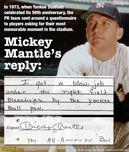 In 1973, when Yankee Stadium celebrated its 50th anniversary, the PR team sent around a questionnaire to players asking for their most memorable momen