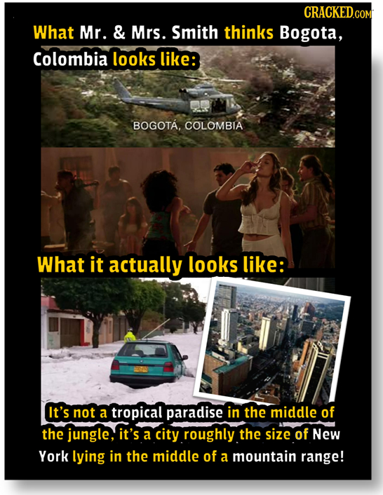 What Mr. & Mrs. Smith thinks Bogota, Colombia looks like: BOGOTA. COLOMBIA What it actually looks like: It's not a tropical paradise in the middle of