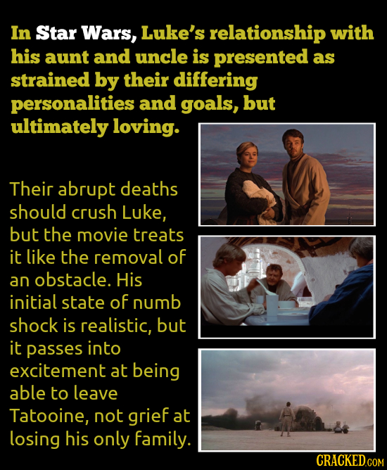 In Star Wars, Luke's relationship with his aunt and uncle is presented as strained by their differing personalities and goals, but ultimately loving.