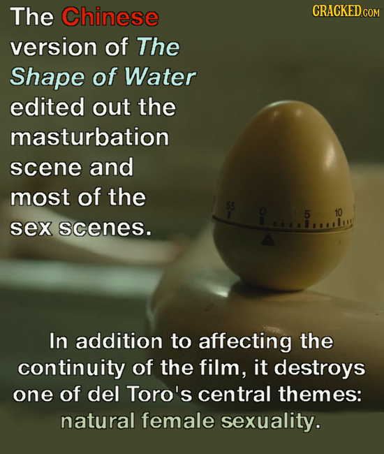 The Chinese CRACKED version of The Shape of Water edited out the masturbation scene and most of the 55 2 5 10 sex scenes. In addition to affecting the