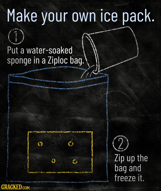 Make your own ice pack. Put a water-soaked sponge in a Ziploc bag. 2 Zip up the bag and freeze it. 