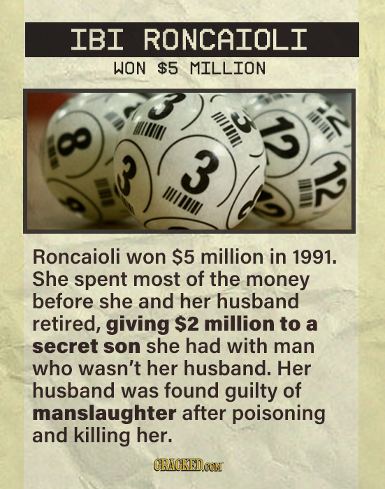 IBI RONCAIOLI WON $5 MILLION lill IAIT 0o 3 IIOILL Roncaioli won $5 million in 1991. She spent most of the money before she and her husband retired, g
