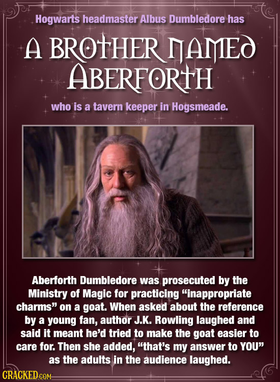 Hogwarts headmaster Albus Dumbledore has A BROTHER NAMEO ABERFORTH who is a tavern keeper in Hogsmeade. Aberforth Dumbledore was prosecuted by the Min