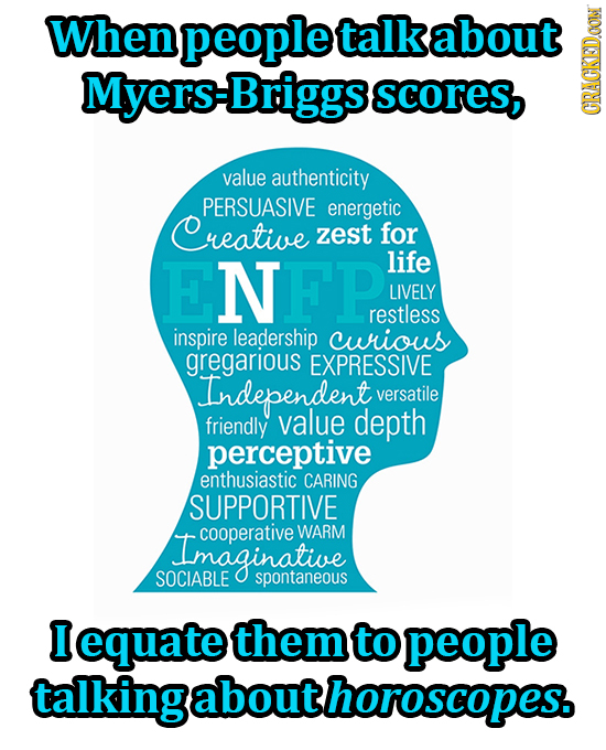 When people talkabout Myers-Briggs scores, CRAGN value authenticity PERSUASIVE energetic Creative zest for ENFP life LIVELY restless inspire leadershi