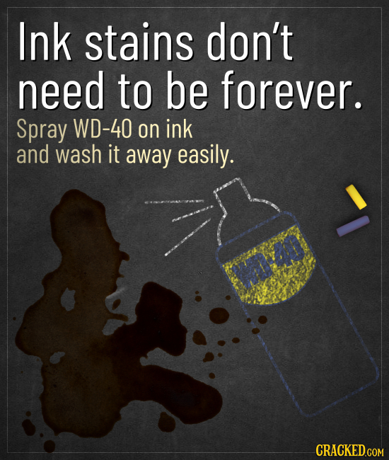 Ink stains don't need to be forever. Spray WD-40 on ink and wash it away easily. CRACKED.COM 