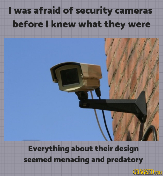 I was afraid of security cameras before I knew what they were Everything about their design seemed menacing and predatory