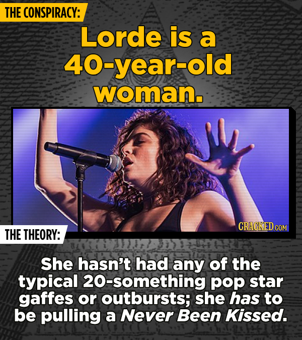 THE CONSPIRACY: Lorde is a 40-year-old woman. CRACKEDC THE THEORY: She hasn't had any of the typical 20-something pop star gaffes or outbursts; she ha