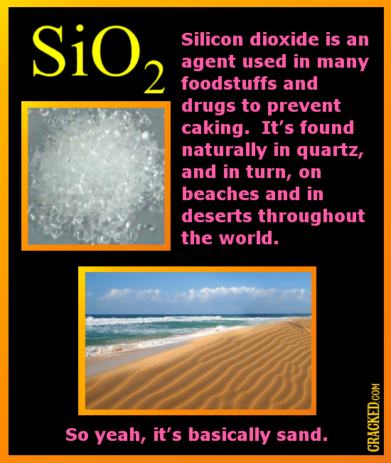 Sio Silicon dioxide is an 2 agent used in many foodstuffs and drugs to prevent caking. It's found naturally in quartz, and in turn, on beaches and in 