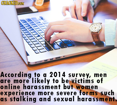 According to a 2014 survey, men are more likely to be victims of online harassment but women experience such more severe forms as stalking and sexual 