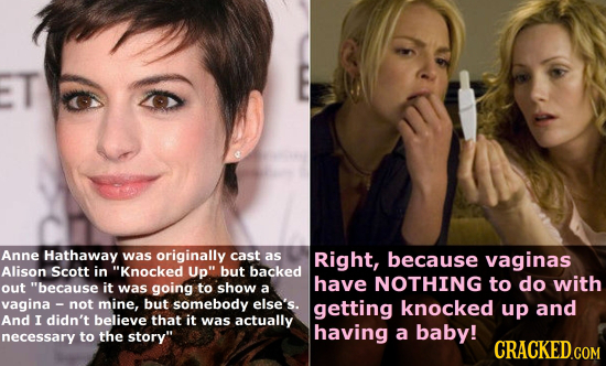 Anne Hathaway was originally cast as Right, because vaginas Alison Scott in Knocked Up but backed have NOTHING to do with out because it was going 