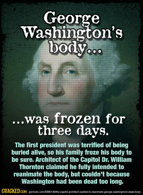 George Washington's body.. L ...was frozen for three days. The first president was terrified of being buried alive, SO his family froze his body to be