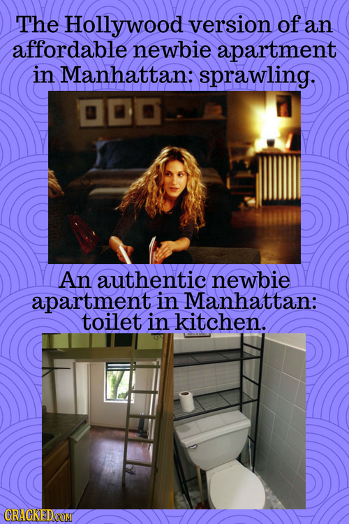 The Hollywood version of an affordable newbie apartment in Manhattan: sprawling. An authentic newbie apartment in Manhattan: toilet in kitchen. 