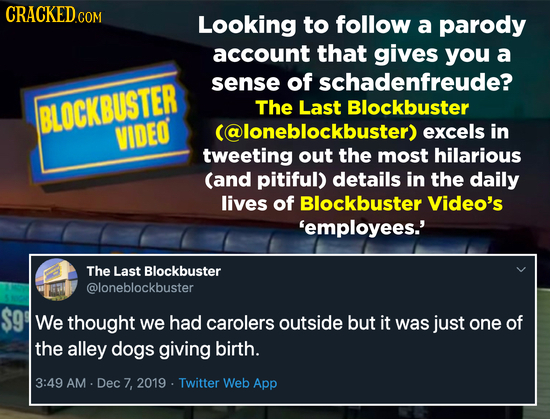 CRACKEDCO Looking to follow a parody account that gives you a sense of schadenfreude? BLOCKBUSTER The Last Blockbuster VIDEO (@loneblockbuster) excels