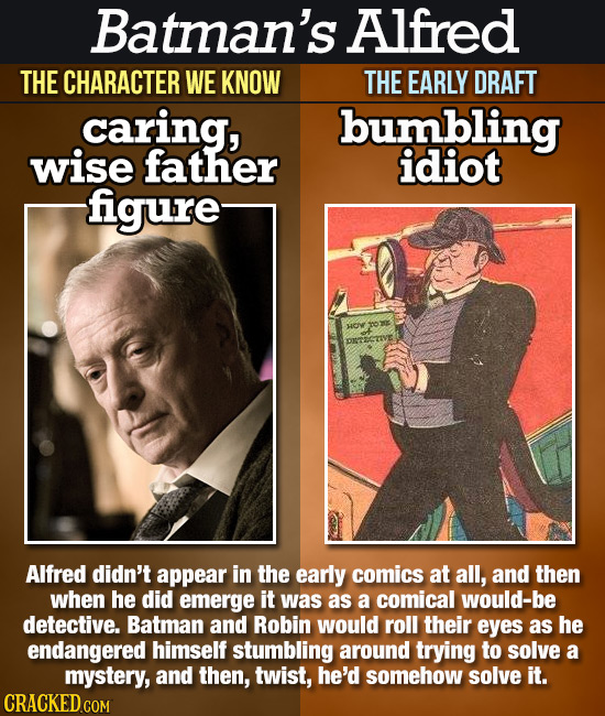 Batman's. Alfred THE CHARACTER WE KNOW THE EARLY DRAFT caring, bumbling wise father idiot figure Alfred didn't appear in the early comics at all, and