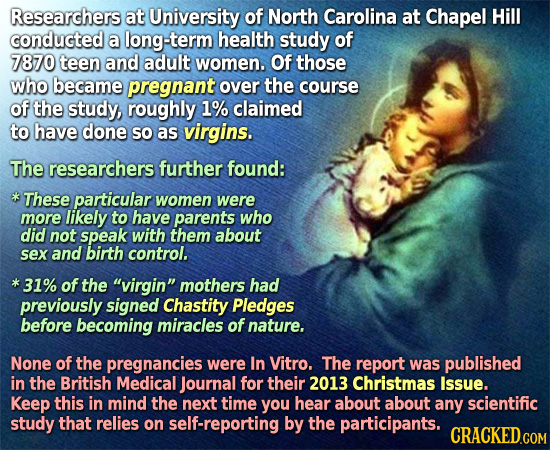 Researchers at University of North Carolina at Chapel Hill conducted a long-term health study of 7870 teen and adult women. Of those who became pregna