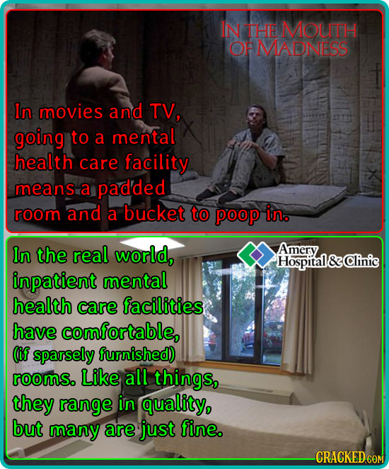 IN THE MOUTH OF FMADNESS In movies and TV, going to a mental health care facility means a padded room and a bucket to poop in. In the real world, Amer