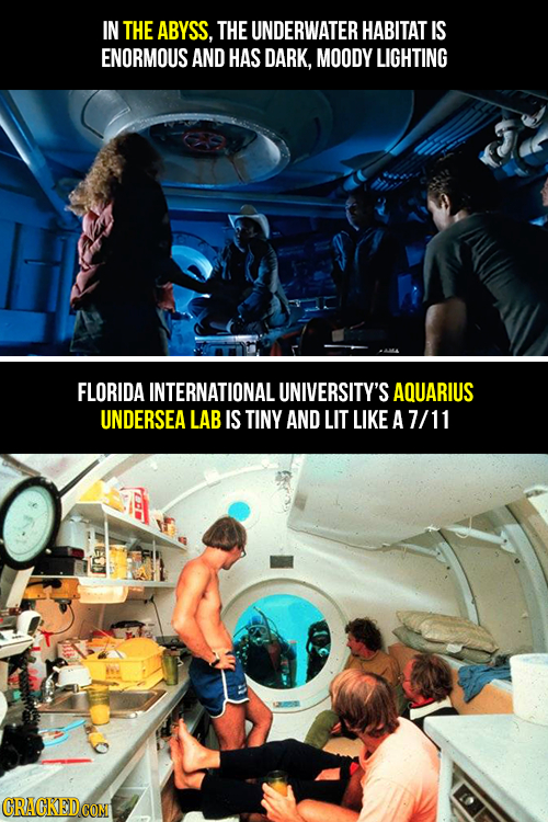 IN THE ABYSS, THE UNDERWATER HABITAT IS ENORMOUS AND HAS DARK, MOODY LIGHTING FLORIDA INTERNATIONAL UNIVERSITY'S AQUARIUS UNDERSEA LAB IS TINY AND LIT