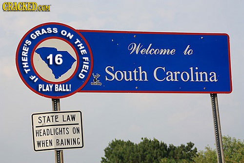 ORACKED CONT oN GRASS THE Welcome to 16 South Carolina THE I a PLAY BALL! STATE LAW HEADLIGHIS ON WHEN PAINING